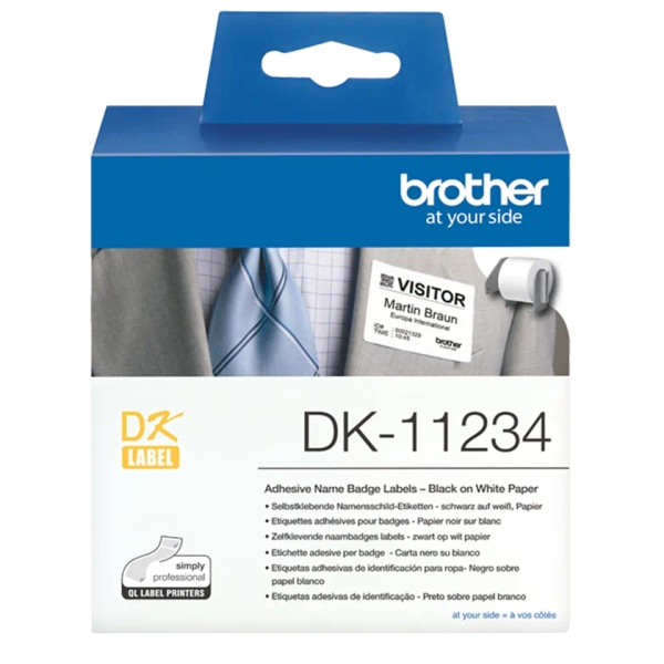Brother dk-11234 adhesive visitor badge label roll - black on white, 60mm x 86mm