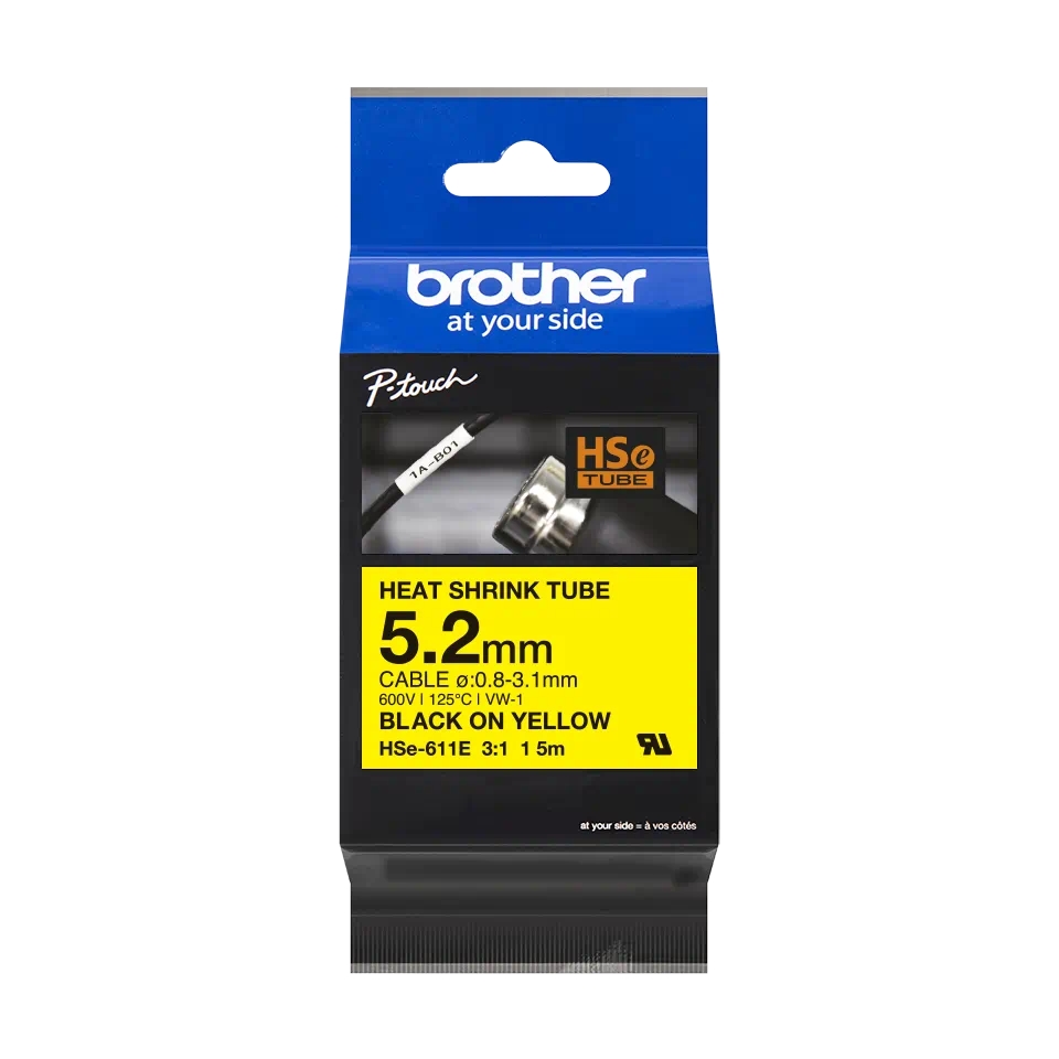 Консуматив за етикетен принтер Brother HSe-611E 5.2mm Black on Yellow Heat Shrink Tape