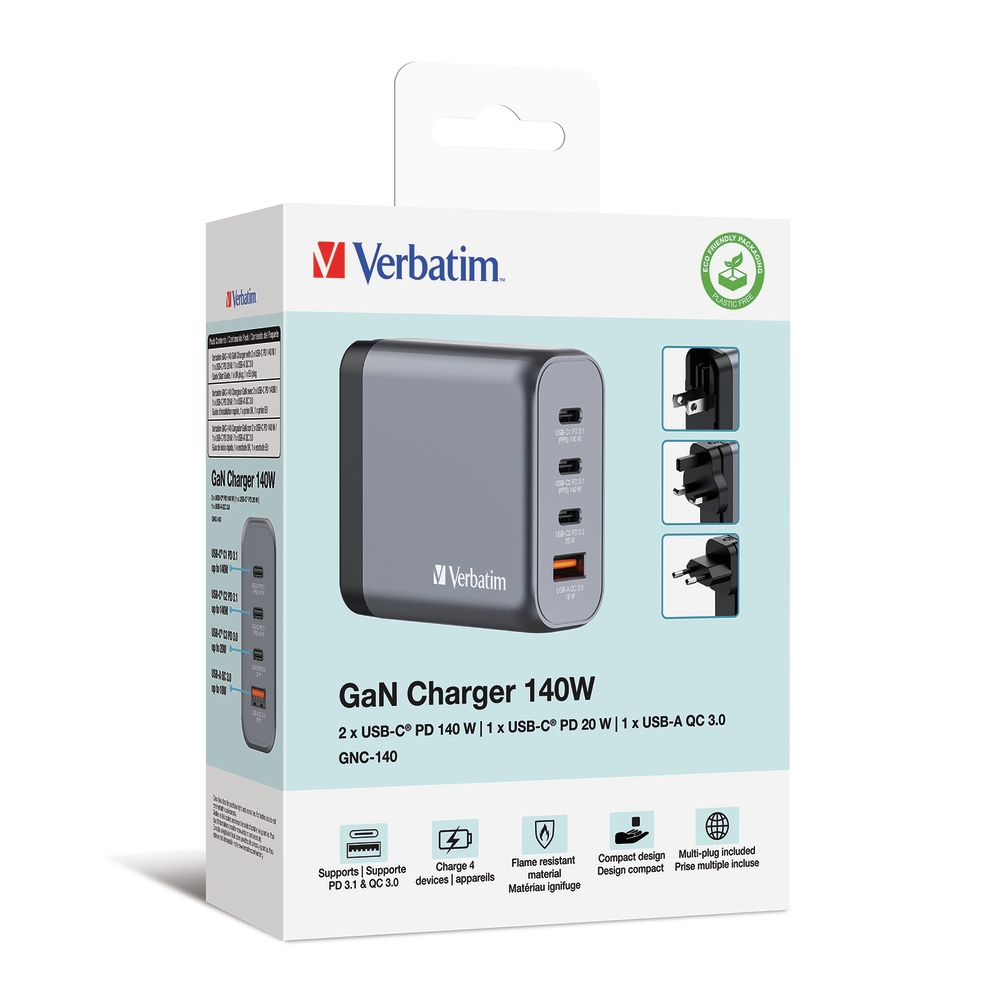 Зарядно устройство Verbatim GNC-140 GaN 4 Port 140W USB A/C
