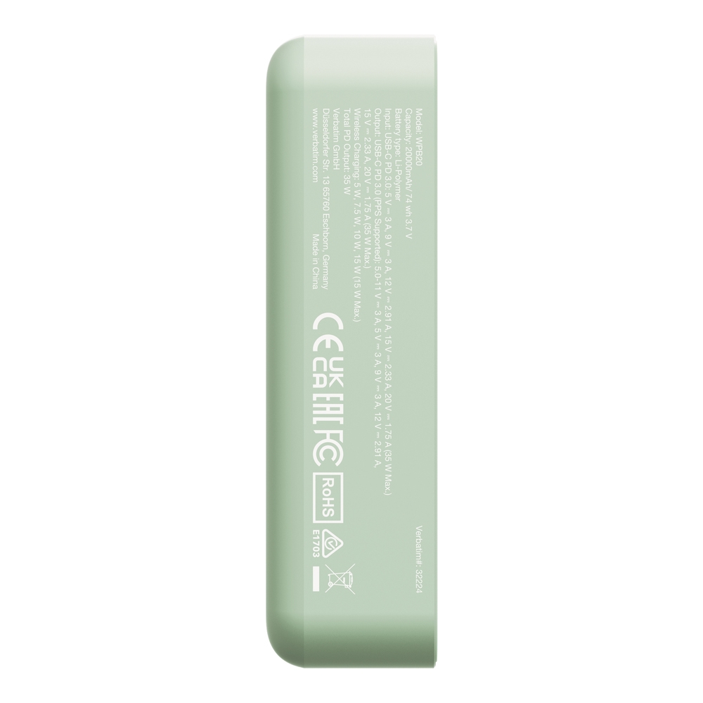 Външна батерия Verbatim Charge n Go Essentials Power Bank Magnetic Wireless 20000mAh Green