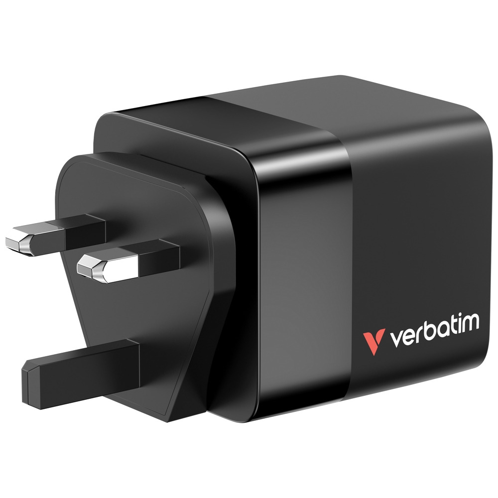 Verbatim Mini GaN Charger 65W 2 Port retractable cable display US plugs with EU and UK adaptors