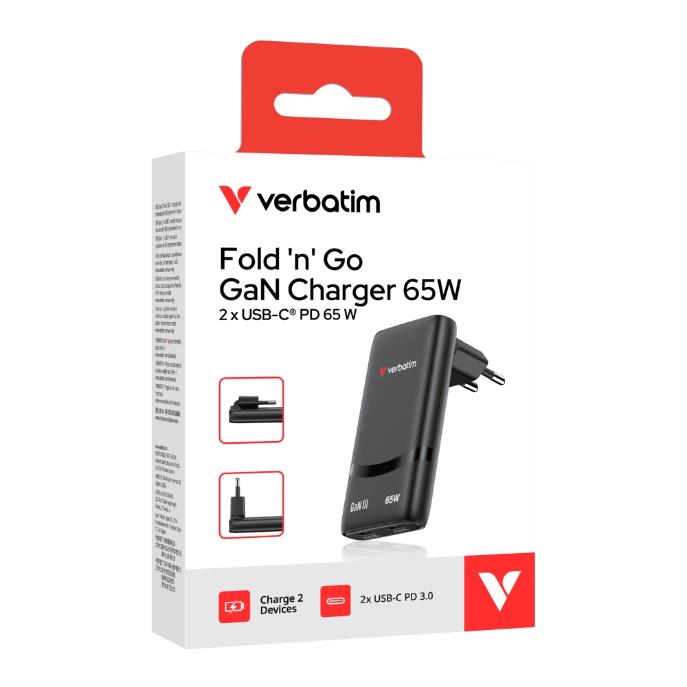 SSD Verbatim Fold n Go GaN Charger 65W EU plug Black