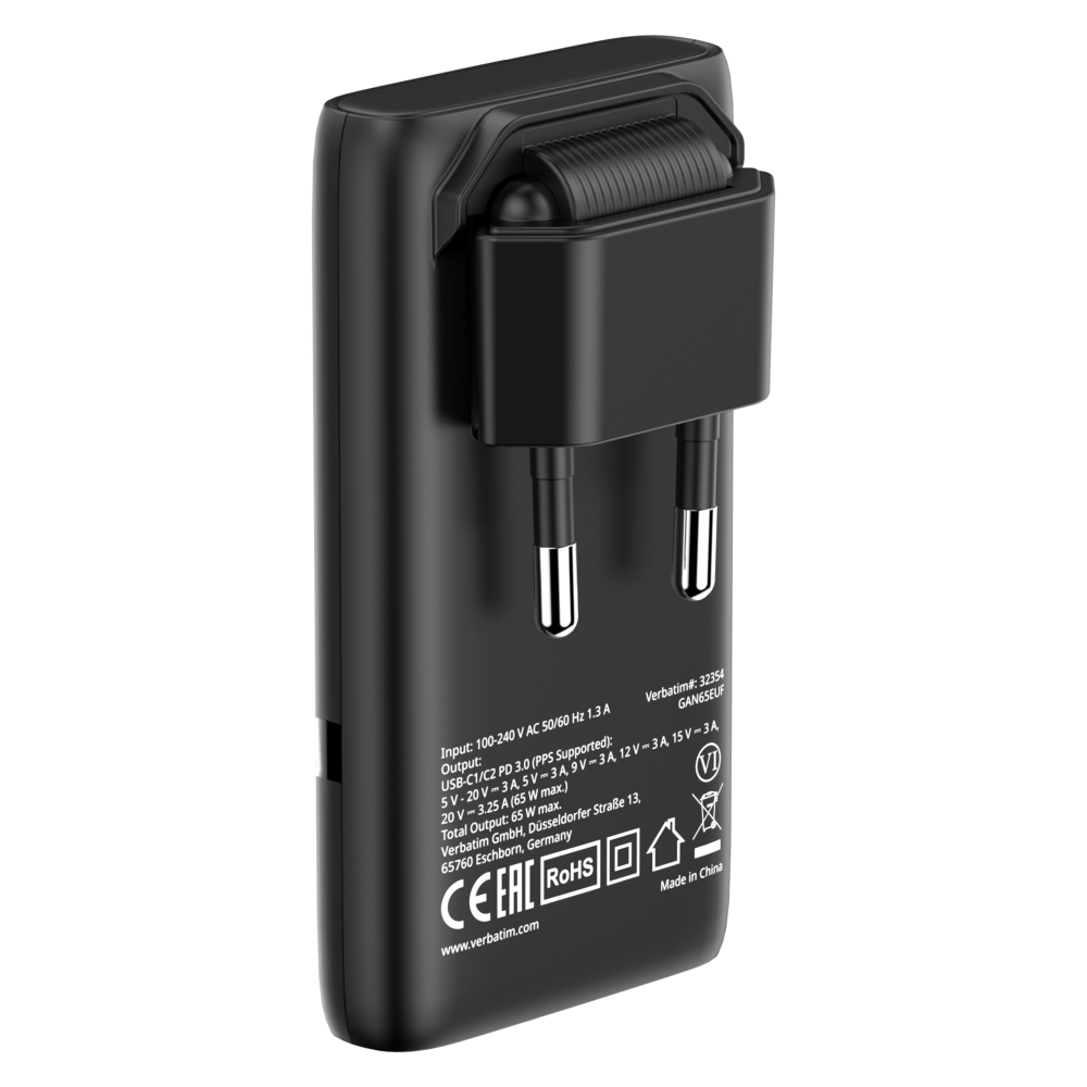 SSD Verbatim Fold n Go GaN Charger 65W EU plug Black