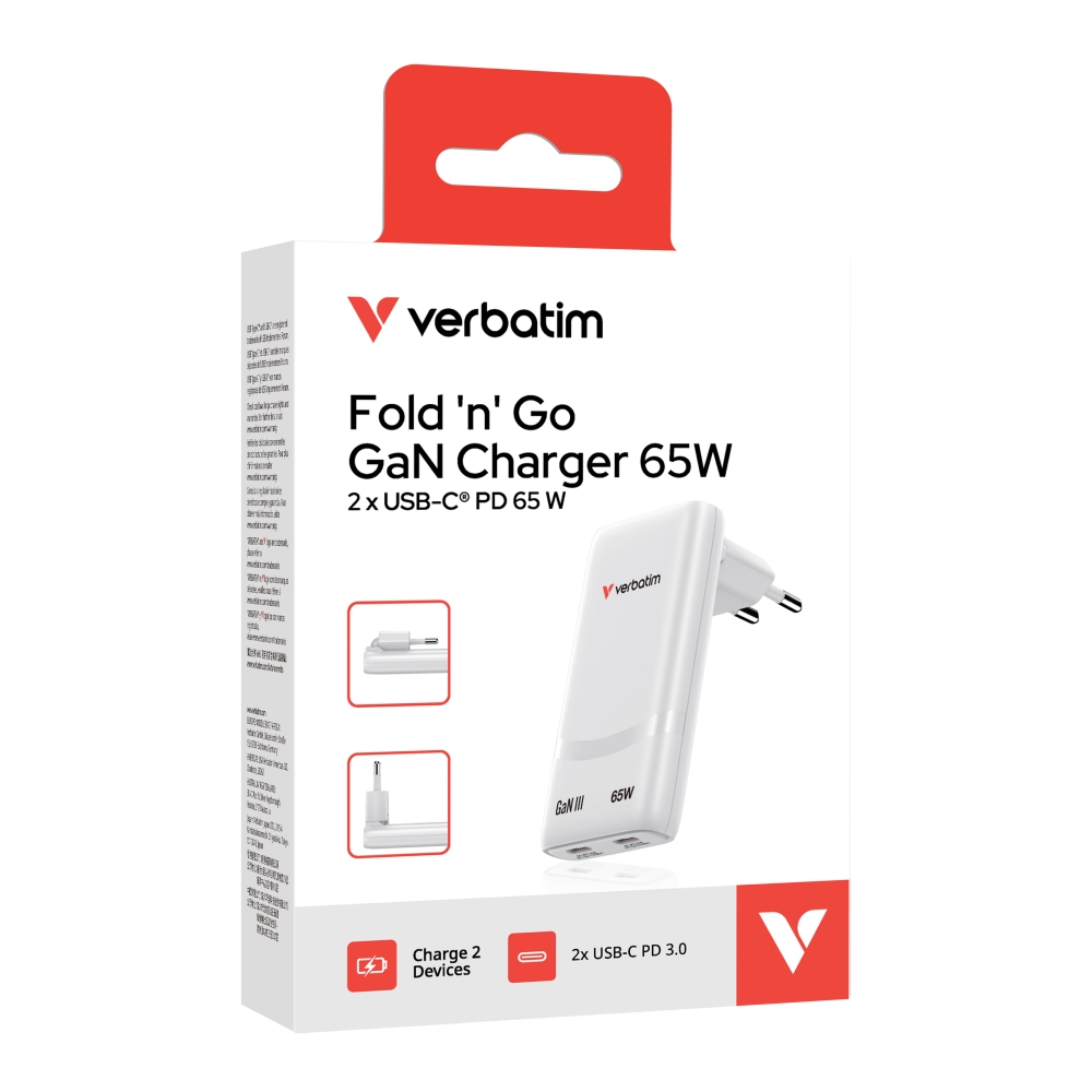 SSD Verbatim Fold n Go GaN Charger 65W EU plug White