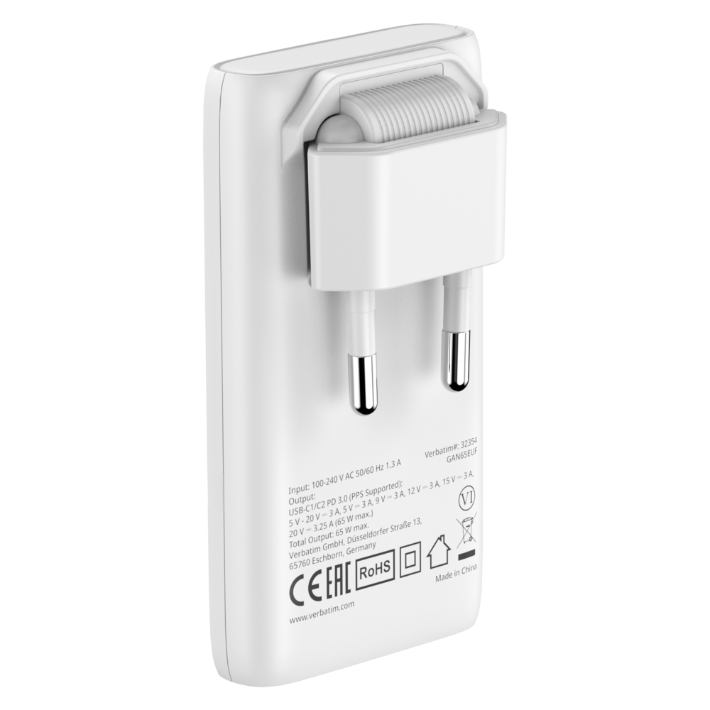 SSD Verbatim Fold n Go GaN Charger 65W EU plug White