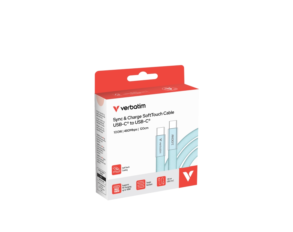 Кабел Verbatim Sync & Charge SoftTouch, USB‑C към USB‑C, 100W, 120 cm, син