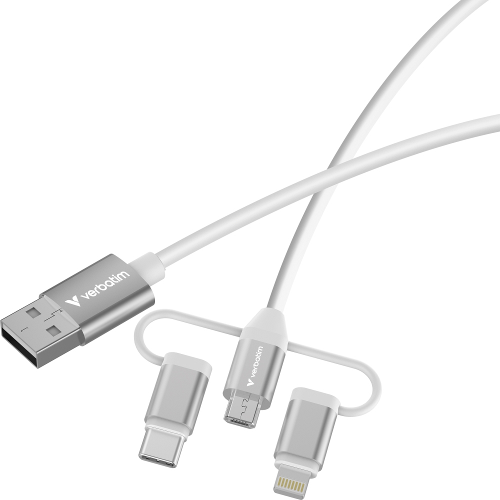 Кабел Verbatim Sync & Charge, 3‑в‑1, USB‑A към Micro‑B/USB‑C/Lightning, 18W, 100 cm, бял