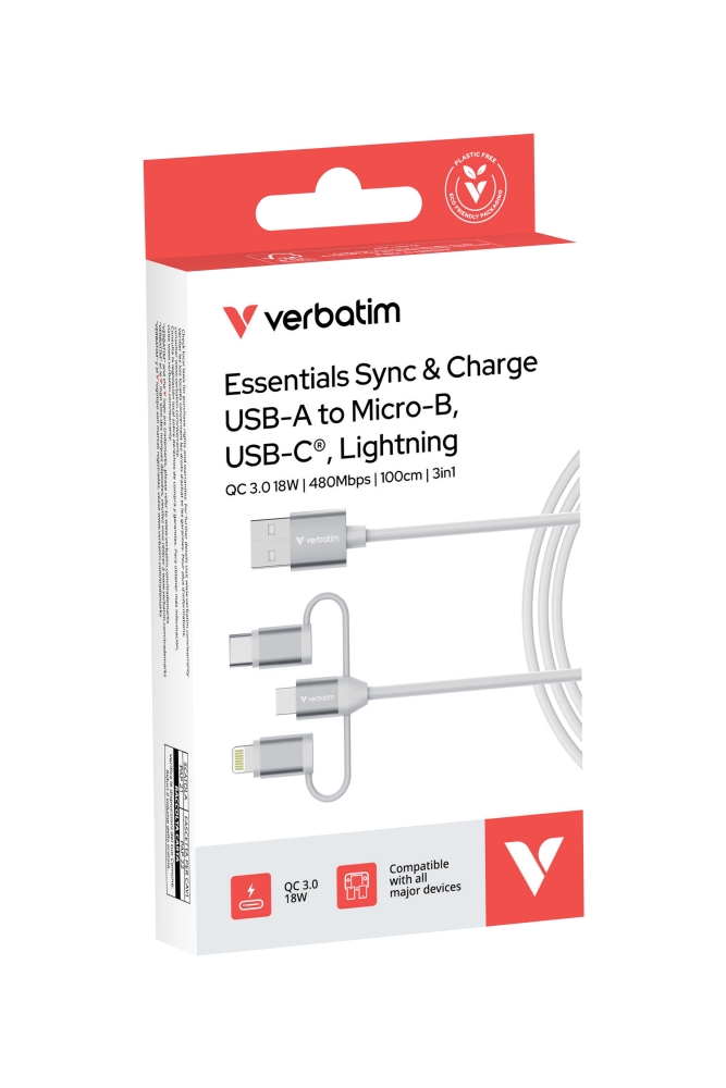 Кабел Verbatim Sync & Charge, 3‑в‑1, USB‑A към Micro‑B/USB‑C/Lightning, 18W, 100 cm, бял