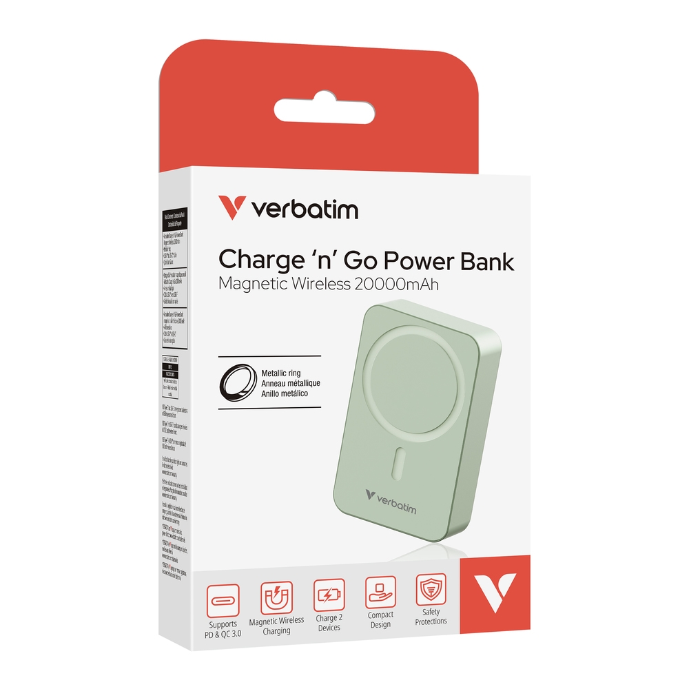 Verbatim Charge n Go Essentials Power Bank Magnetic Wireless 20000mAh Green