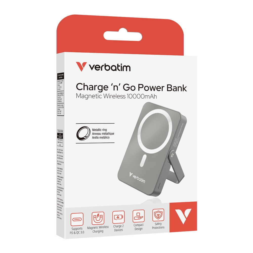 Verbatim Charge n Go Power Bank with Stand Magnetic Wireless 10000mAh Grey
